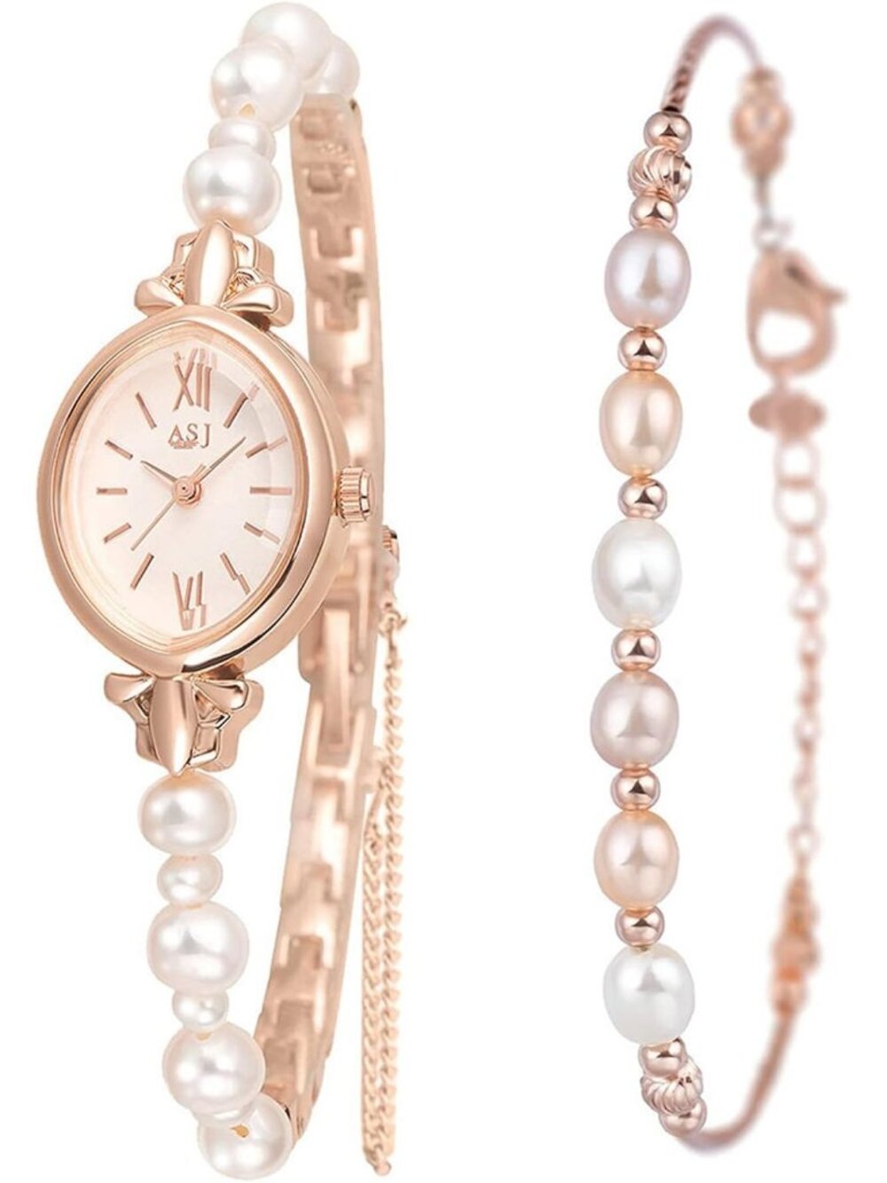 Women's Rose Gold Petite Pearl Bracelet Set Dainty Analog Quartz Wrist Watch